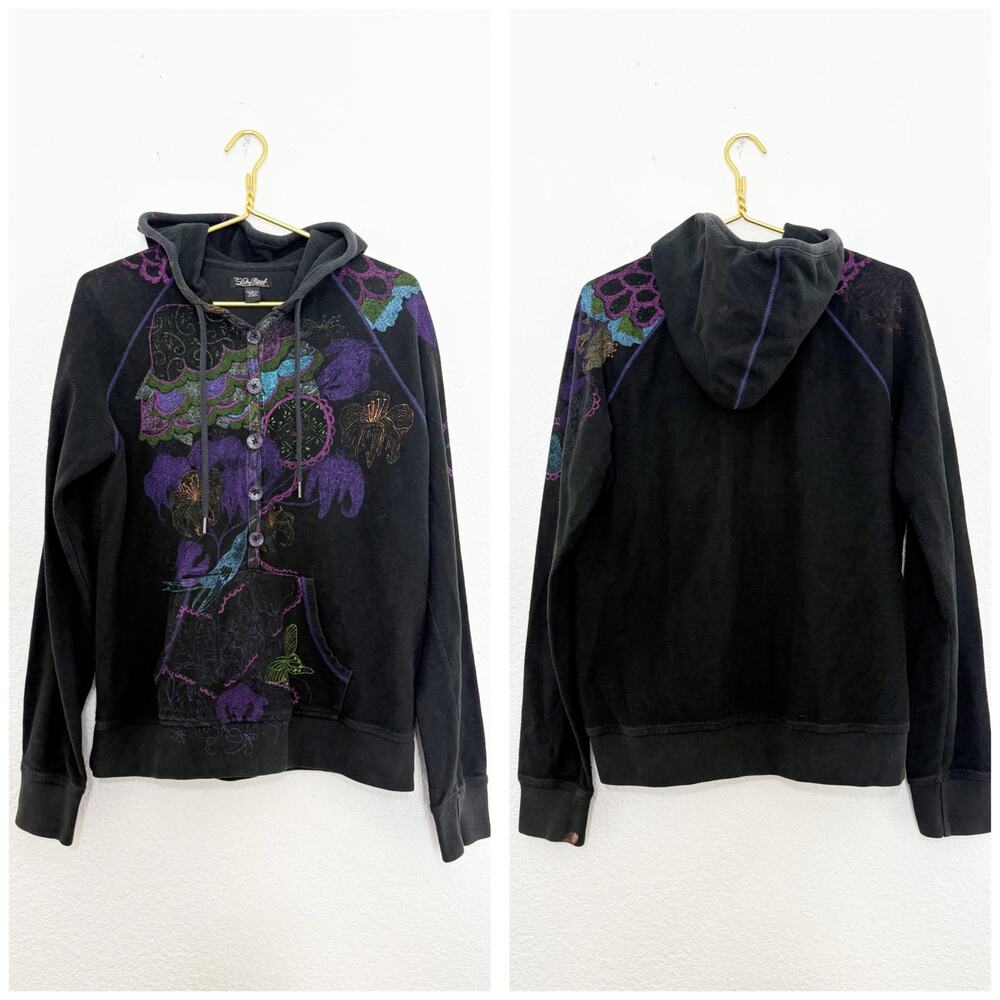 Vintage Y2K Lucky Brand Embroidered Button-Up Hoodie Size XL Indie Sleaze Boho
